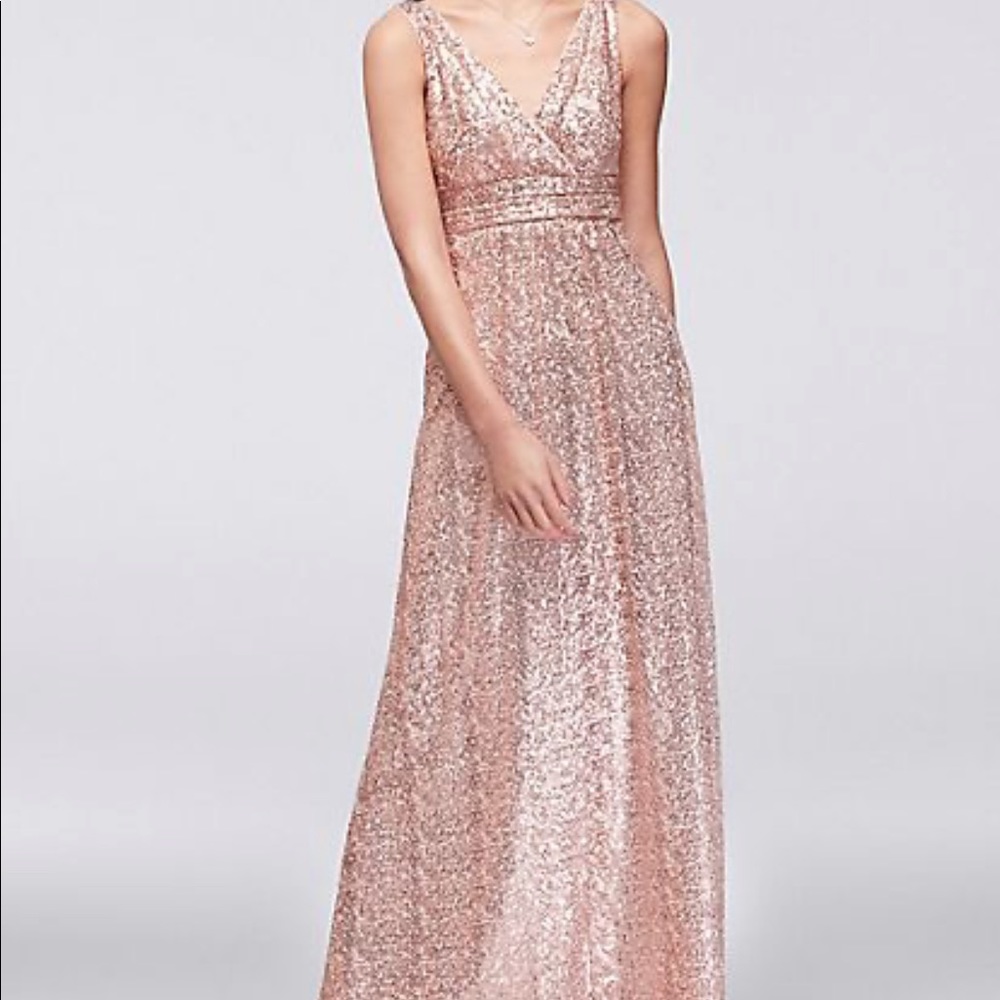 Rose gold David’s bridal bridesmaid dress